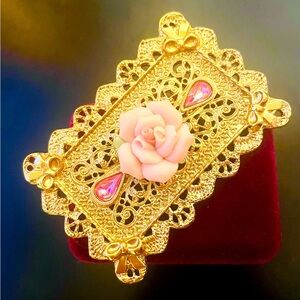 Vintage 1928 Jewelry Gold Rectangle Filigree and Pale Pink Rose Brooch
